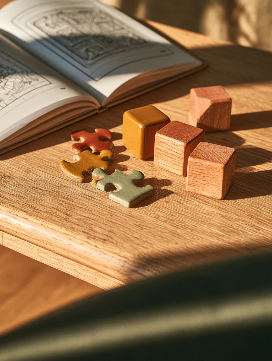 Un bodegón editorial premium de didácticos con rompecabezas de madera de formas geométricas en tonos salvia y mostaza, y un libro de colorear abierto, sobre una mesa de roble cálido.