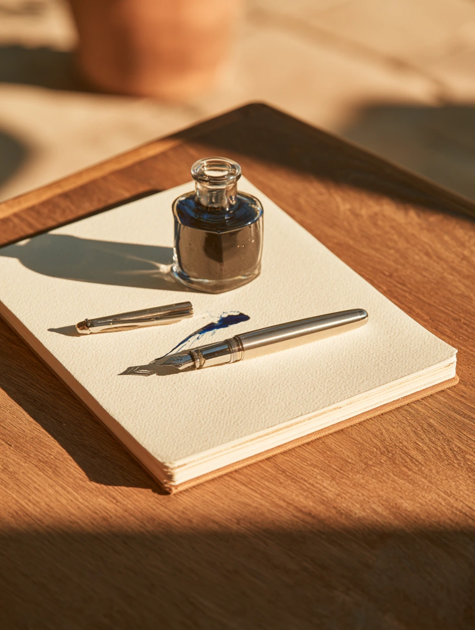 Un bodegón editorial premium de papelería de arte con una pluma estilográfica de plata, un tintero de cristal abierto y una libreta de papel acuarela texturizado con un trazo azul, sobre una mesa de roble cálido.