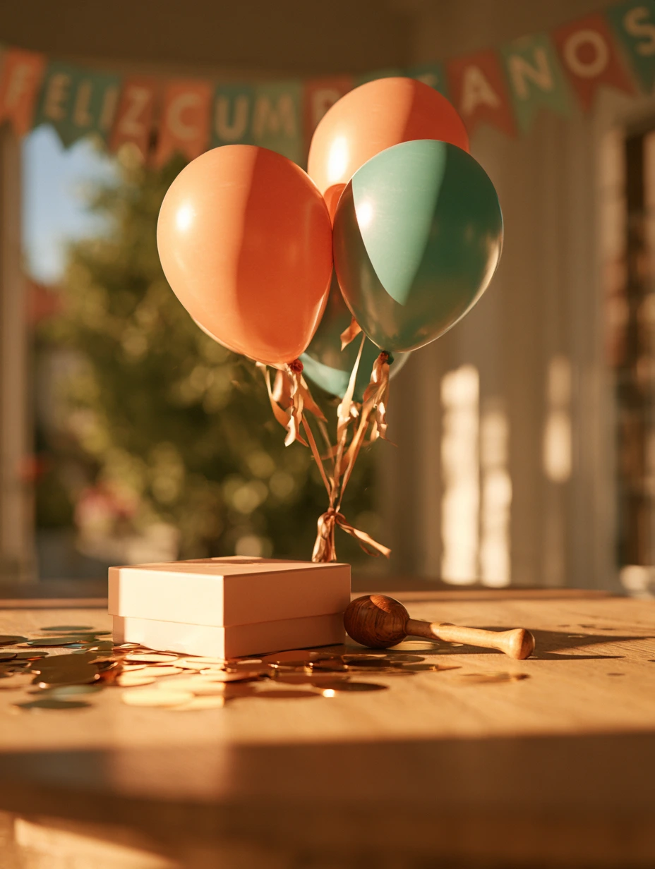Un bodegón editorial premium de piñatería con un cluster de globos mate en tonos pastel durazno y menta, una caja de regalo y confeti metálico, sobre una mesa de roble cálido.